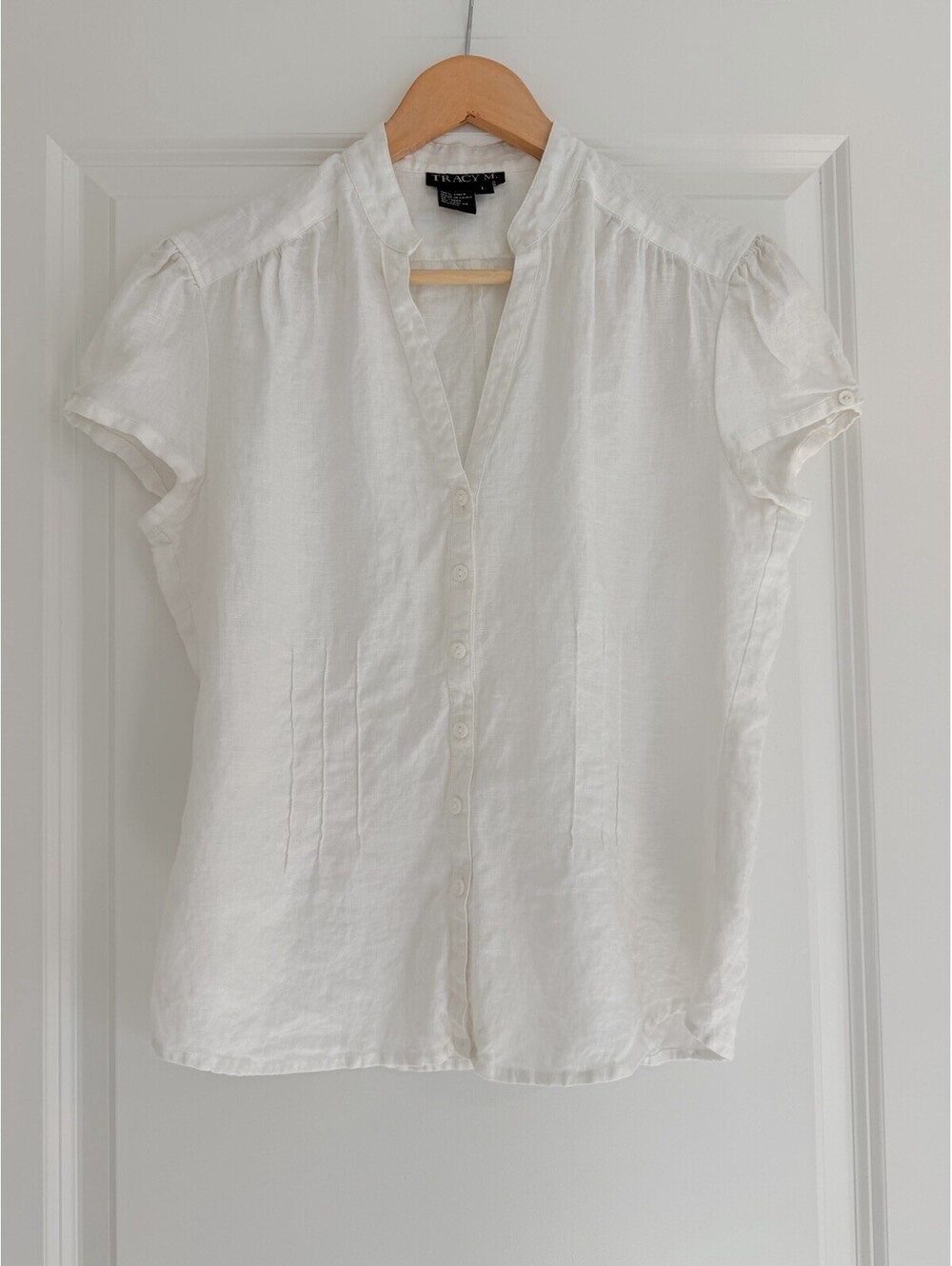 Tracy M. 100% Linen White Button-Up Blouse Size L Cap Sleeve Fisherman Coastal